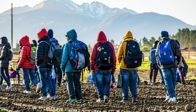Ilustración de migrantes encontrando oportunidades laborales en Chile